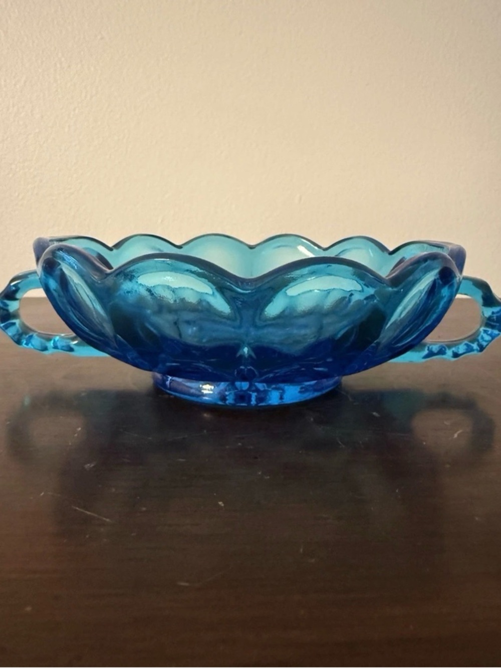 Vintage Anchor Hocking Glass Fairfield Laser Blue Two Handled Nappy Candy Dish
